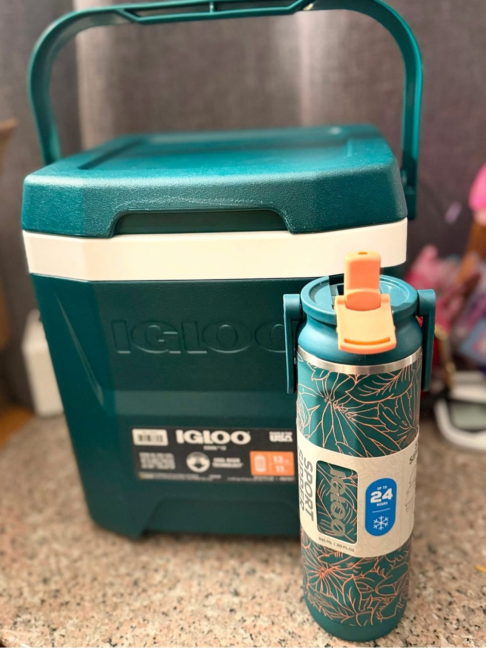 Igloo Teal Cooler with Teal Floral Water Bottle and Orange Lid